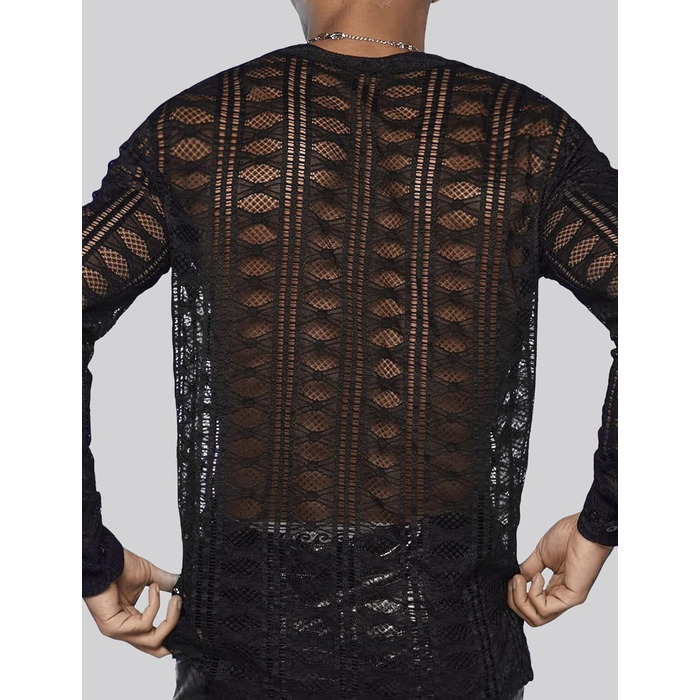 Чоловіча прозора сорочка з довгим рукавом Panegy, мереживна блуза, сітчаста сорочка, облягаючий крій, чорний, XS