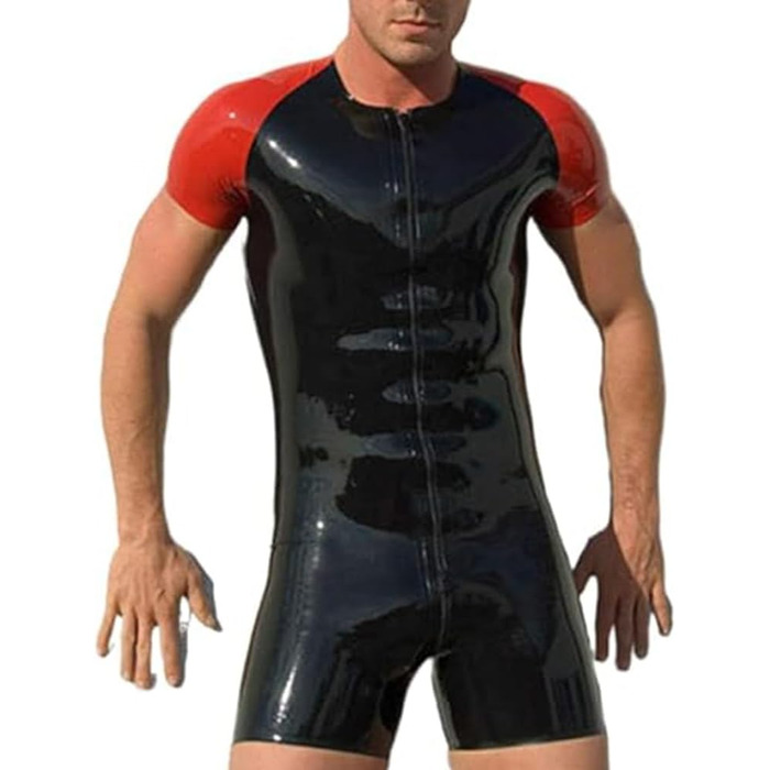 Чоловічий латексний комбінезон Enger Catsuit з короткими рукавами та шортами, чорно-червоний, фетиш-стиль, комбінезон-боді, молнія спереду, X-Small, Plus Size