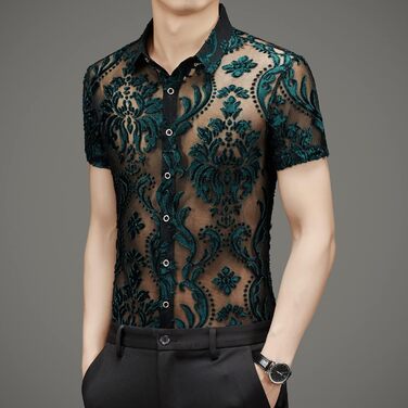 Прозора сорочка для чоловіків та жінок Yonititeee, сексуальна, з короткими рукавами, для нічного клубу, мереживна сорочка з сіткою M CS01