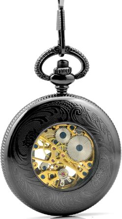 Механічний кишеньковий годинник Unendlich U Vintage Retro зі скелетоном (6 пелюсток), чорний, на ланцюжку-намисто
