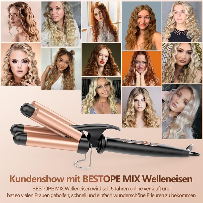 Стайлер для волосся BESTOPE MIX трійний плойка-гофре 22 мм для ефекту «морських хвиль» (Beach Waves), керамічне покриття, швидкий нагрів до 210°C, Rose Gold та Чорний