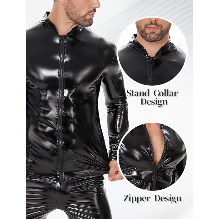 Чоловіча куртка з латексу/штучної шкіри Ausing: сексуальний мокрий ефект, slim fit, з блискавкою, для вечірок, танців, рейв, чорний, XL