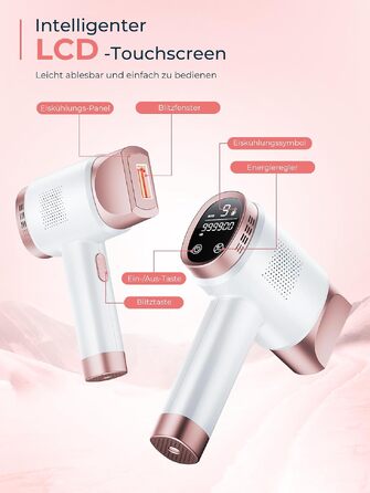 IPL-епілятор для дому з системою охолодження 8°C, лазерна епіляція з 9 рівнями інтенсивності та червоним світлом 600 нм, LCD-дисплей, для жінок та чоловіків (обличчя, тіло, бікіні), колір Rose