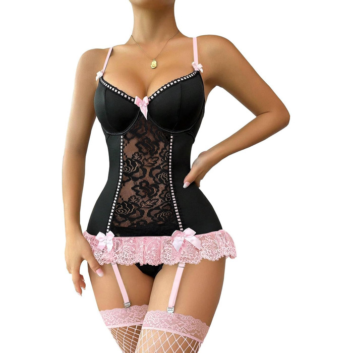 Сексуальний жіночий комплект спідньої білизни: мереживний боді з поясом для панчіх, V-подібний виріз, бантик спереду, підтримуючий каркас, з панчіхами (чорний/рожевий, 3XL)