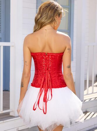 Корсет для жінок з повним бюстом, корсаж, готичний стиль, вінтаж, сатин з квітковим візерунком, бюстєль, топ-корсет для Хелловіну та карнавалу, S- (Червоний, 3XL)