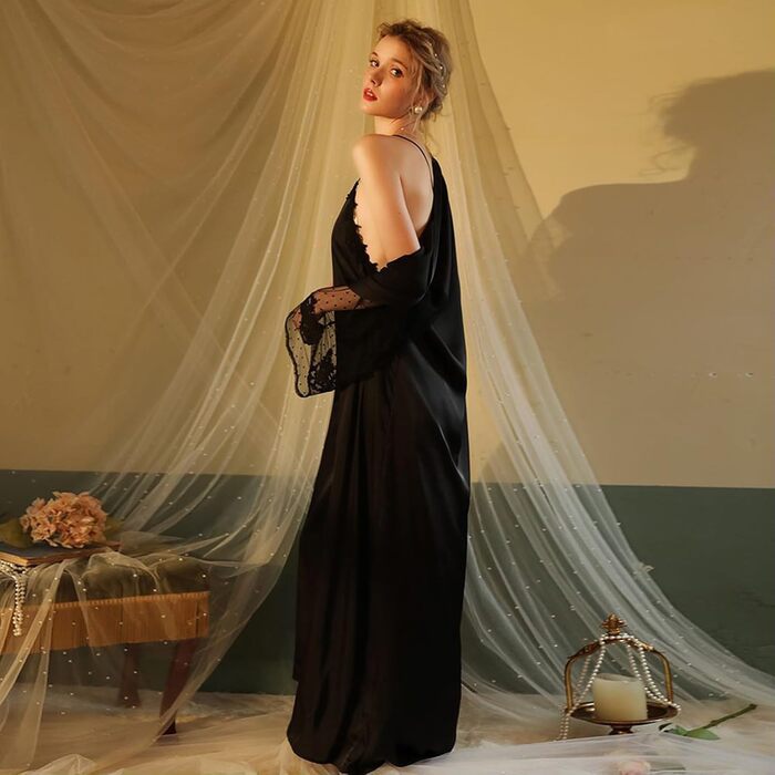 Шовкова піжама-сорочка Babydoll з мереживом для жінок, нічна сорочка, біла (чорна, S)