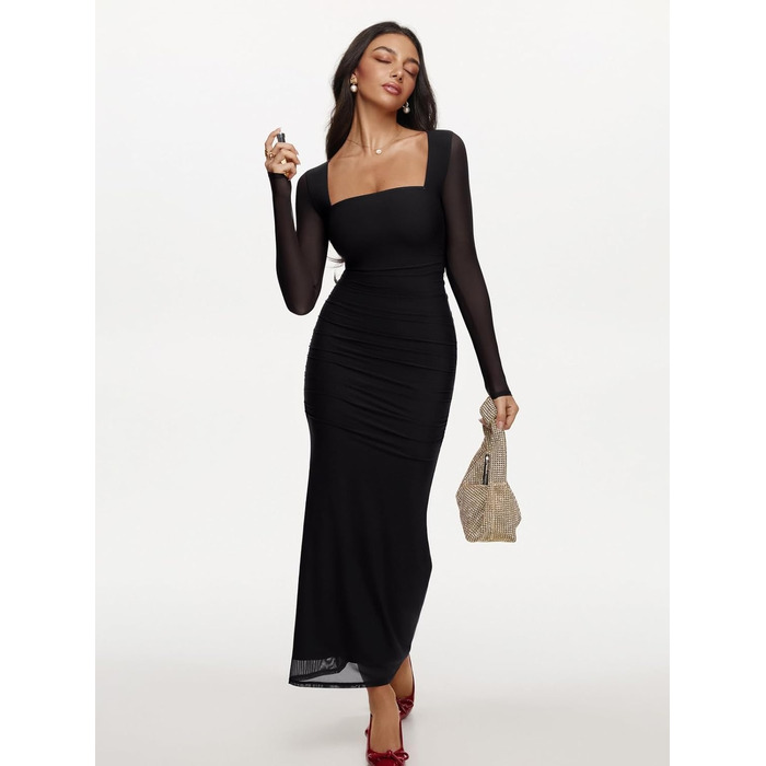 REORIA Максі-сукня для гостей на весілля: довге плаття з довгими рукавами, квадратний виріз, мереживна тканина, обтягуючий крій (Чорний онікс, XS)