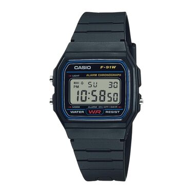 Чоловічий класичний кварцовий годинник Casio F-91W чорний, водостійкий, зі стопоміром, будильником та автоматичним календарем