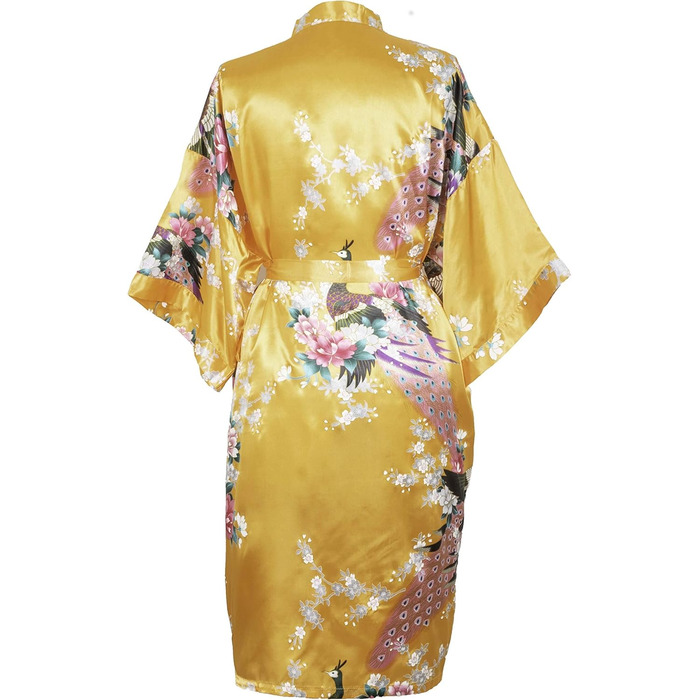 CCcollections Халат жіночий кімоно з легкого атласу з принтом павича, V-подібний виріз та 3/4 рукав (універсальний розмір, помаранчевий)