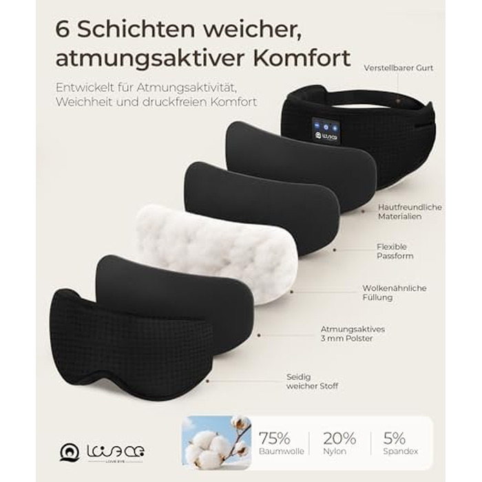 Bluetooth маска для сну LOVE EYE для тих, хто спить на боці, з ультратонкими навушниками, дихаюча бавовняна тканина, чорна