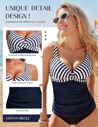 Tankini верх Hanna Nikole з контролем живота, вузлики, V-подібний виріз, купальник (синьо-білі смужки, M)