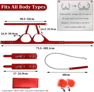 Набір BDSM 6-в-1: наручники, шлея для тіла, чіп, батіг, маска для очей, мотузки для фіксації. Для пар. Червоний колір.