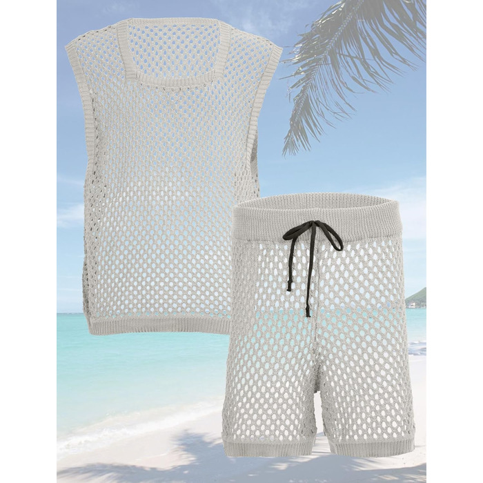 Костюм мереживний чоловічий AIEOE 2-кількісний, футболка та шорти, сітка, колір бежевий, розміри M-3XL