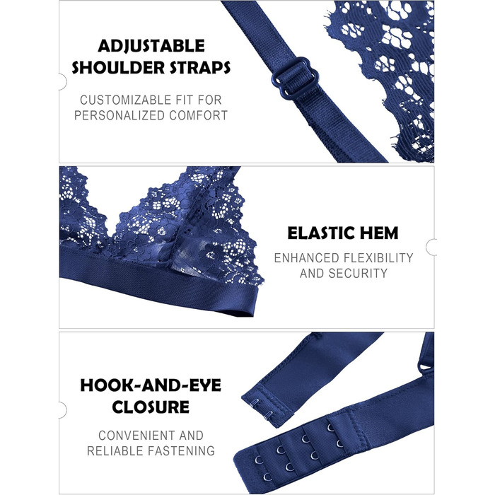 Жіноча білизна: 3 шт. мереживних бюстгальтерів без кісточок, сексуальних балконетів та push-up бюстгальтерів S-L (білий, чорний, синій)