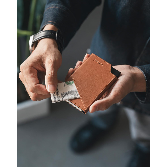 Гаманець-картхолдер VULKIT Pop-up з RFID-захистом, металевий алюмінієвий чохол для карток з відділенням для купюр та монет, натуральна шкіра (Коричневий)
