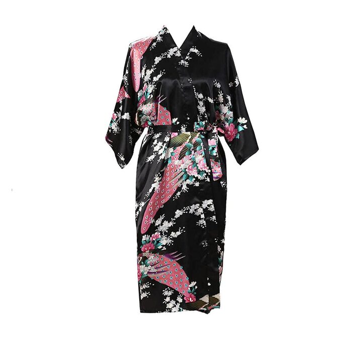 Кімно-халат жіночий атласний чорний, для весілля, подружок нареченої, нічна сорочка, розміри 36-52