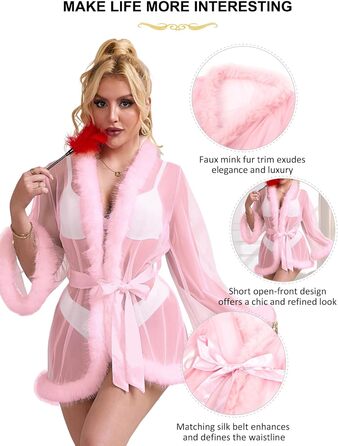 Кимоно Sunushinelady для жінок: коротке, сексуальне, з пір'ям, прозоре, великі розміри (3XL-4XL), рожеве, як ніжна білизна для дому, пляжу або під купальник