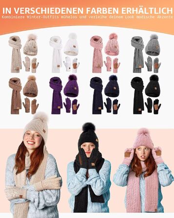 Зимовий подарунковий набір FISFET для жінок 3 в 1: шапка-біні з помпоном, шарф та сенсорні рукавички, флісовий підклад (Рожевий)