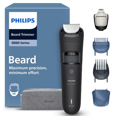 Тример для бороди Philips Beardtrimmer 5000 BT5765/15: самозаточувальні металеві леза, 40 налаштувань довжини, технологія BeardSense, водонепроникний, з кейсом для подорожей