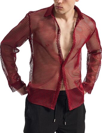 Чоловіча сітчаста сорочка AIEOE: прозора сорочка-сітка для вечірки, червона (XXL)