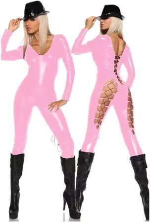 Костюм-комбінезон для котів YGZHANYUANOKU XXL з PU шкіри, глибокий V-подібний виріз, комбінезон, косплей, шнурівка, комбінезон з довгими штанами, штучна шкіра, клубний одяг, рожевий XXL