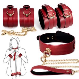 Набір для БДСМ зв'язування: шкіряні наручники, стяжки для ніг, поводок та ошейник. Ідеально для пар, початківців та досвідчених