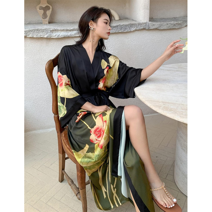Жіночий халат з довгим рукавом з шовку та атласу, халат-кімоно з квітковим принтом, універсальний розмір (чорний, зелений з квітковим принтом)