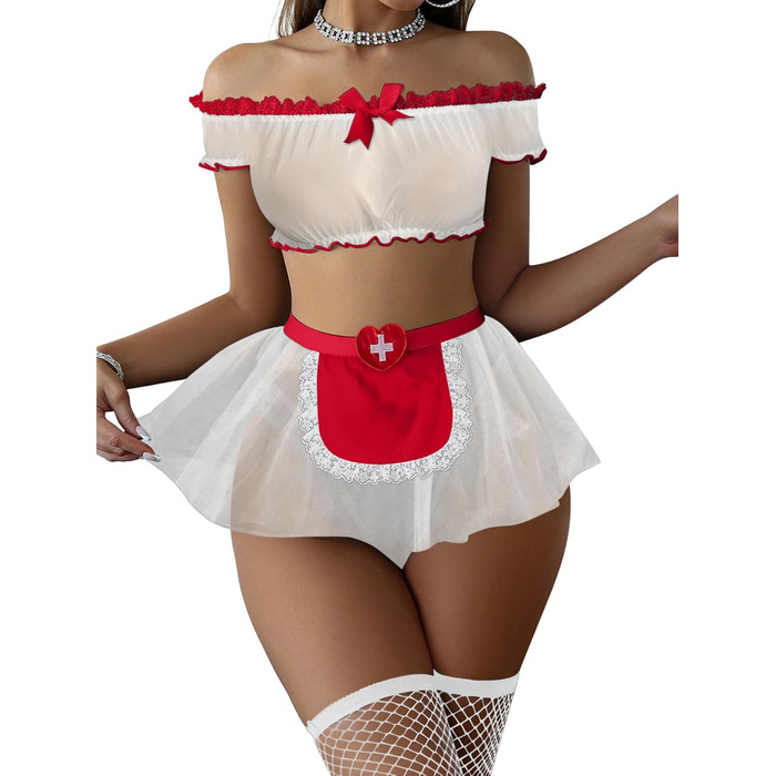 Сексуальний комплект нижньої білизни Foxiny: мереживний костюм, танга, 4 шт. (червоний/білий, S)