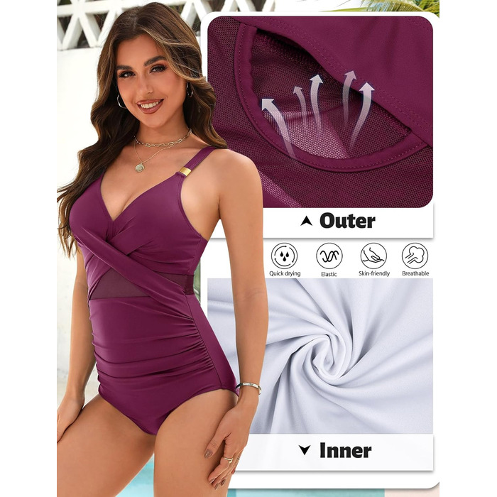 Спортивний купальник для жінок з ефектом талії, великі розміри, Push Up, висока талія, з чашками, Bademode (Lila Rot, S)