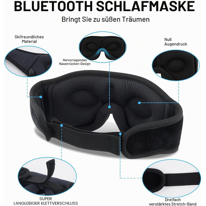 Маска для сну з Bluetooth-навушниками 3D, бездротова м'яка пов'язка на очі для сну на боці та спині, чорна