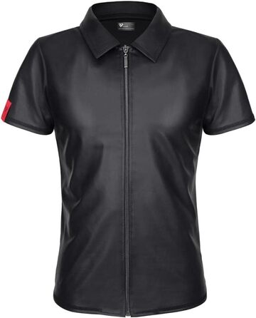 Чоловіча футболка поло з ефектом мокрого блиску, чорна, з коміром-стійкою та блискавкою, Slim-Fit, розмір S