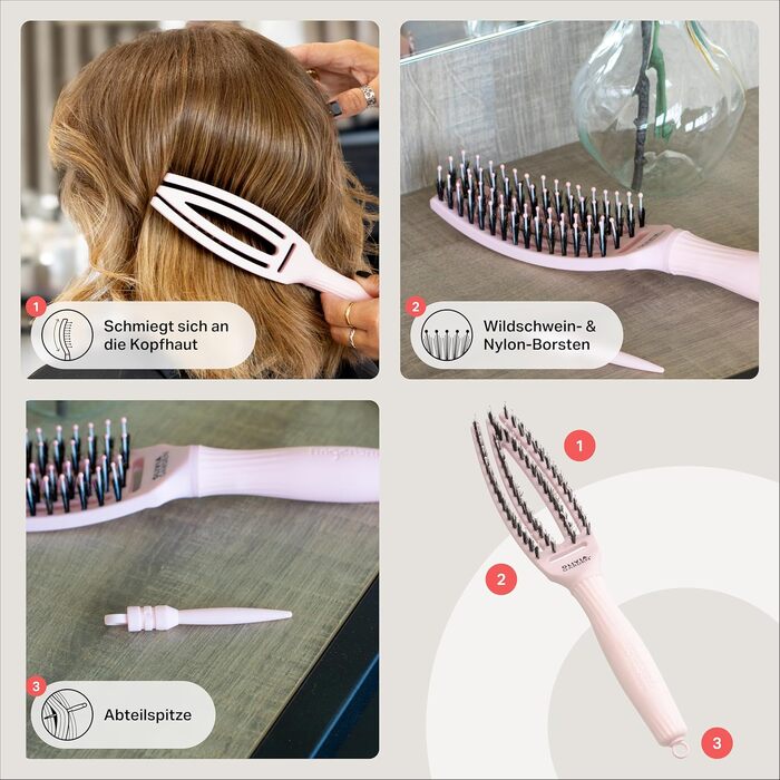 Щосмічна щітка для волосся Olivia Garden Fingerbrush Care Iconic з щетиною кабана та нейлоном для блиску та гладкого стайлінгу, рожева, розмір S