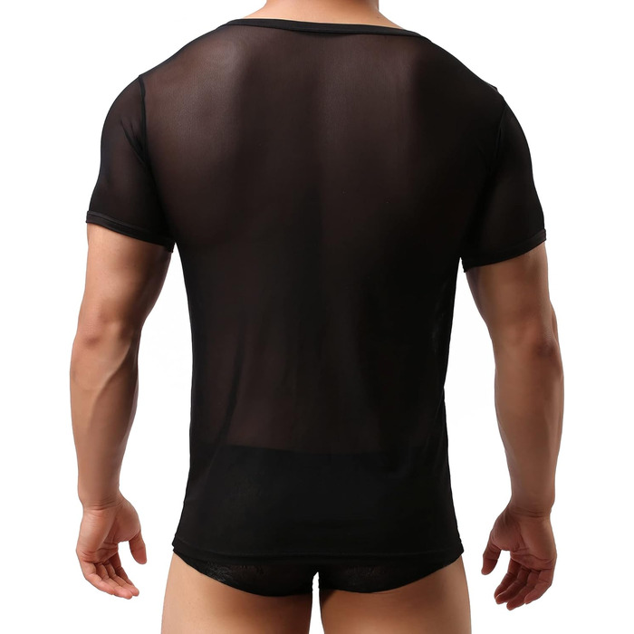 Чоловіча прозора футболка, мереживна сорочка, облягаючий крій, сексуальна білизна, чорний колір, розміри S, M, L, XL