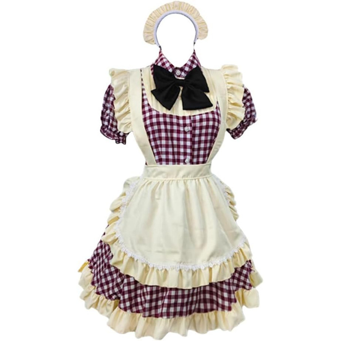 Сукня Лоліта в клітинку TTYAO REII з нагрудником, Короткий рукав, Костюм для косплею, Сукня для Хелловін, XXL, Темно-червоний, Бежевий