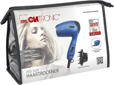 Компактний дорожній фен для волосся Clatronic HTD 3429, 1200 Вт, 2 режими роботи, з дифузором та чохлом, двонапружний (110/230В), синій