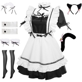 Костюм французької служниці YONABTF: сукня, фартух, хвіст, вушка, шкарпетки, комплект, 3XL, чорно-білий