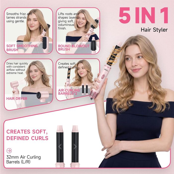 Мультистайлер для волосся 5 в 1 UKLISS Airstyler: фен, вирівнювач, круглі щітки та локони, чорний/рожевий