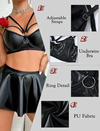 Костюм для нічного клубу Adigau Deou з еластичної шкіри (Wetlook): бюстгальтер, міні-спідниця, з ланцюгом. Чорний (XL)