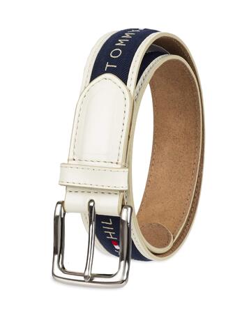 Чоловічий повсякденний ремінь Tommy Hilfiger з текстильною вставкою та класичною пряжкою, колір: кремовий з темно-синім, розмір 30