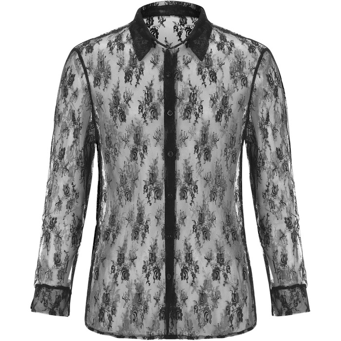 Чоловіча прозора сорочка Detten: мереживна футболка з довгим рукавом, сексуальна клубна сорочка, чорний колір, універсальний розмір (L)