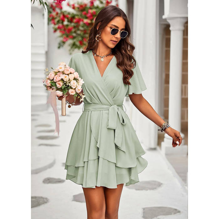 Жіноче шифонове міні-плаття з V-подібним вирізом, короткий рукав, літнє плаття-туніка, однотонне, елегантне, на зав'язки, з поясом, для вечірок та повсякденного носіння (5086-світло-зелений, M)