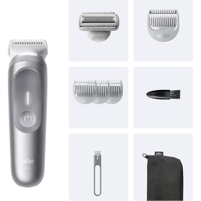 Тример для тіла та інтимних зон Braun Bodygroomer Series 7 BG7555, сірий — водонепроникний бездротовий чоловічий голений апарат з 8 насадками та чохлом