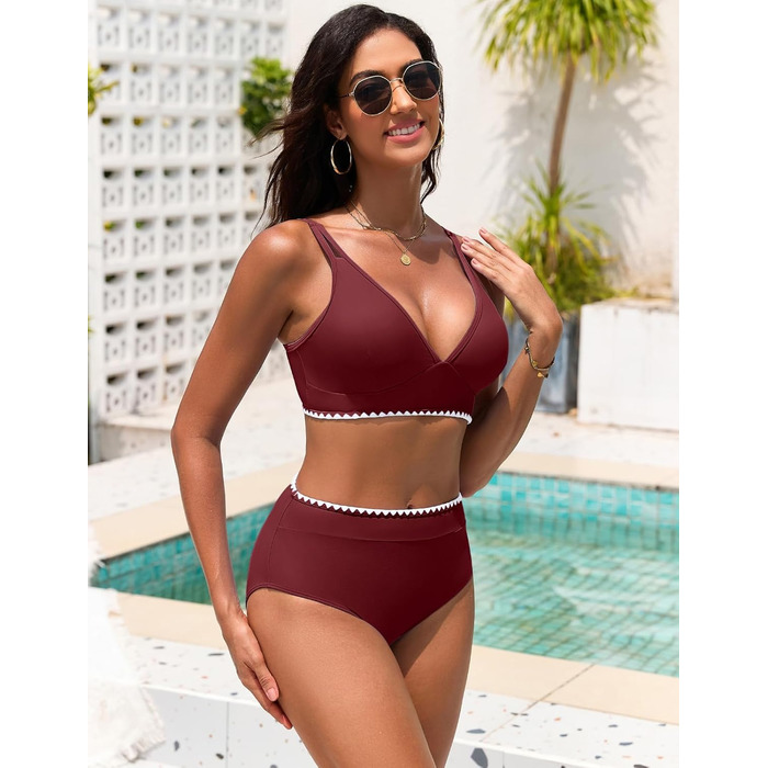 БІКІНІ ЖІНОЧИЙ ДВІ-ШТУЧКИ ПУШ-АП, ВИСОКА ТАЛІЯ, З БІЛИМ КРУЖИВОМ (БОРДОВИЙ, XL)