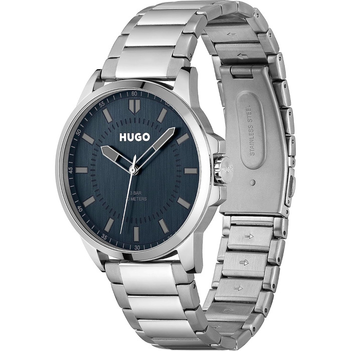 Чоловічий аналоговий кварцовий годинник HUGO First Collection синього кольору зі сталевим браслетом