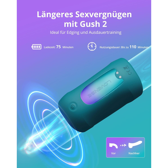 LOVENSE Gush 2 - Автоматичний чоловічий вібратор з пульсацією, керування через додаток, регульовані ремінці, для тренування витривалості