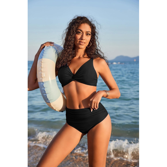 Бікіні Ecouaer для жінок: комплект з високою талією, корегуючий животик, push-up, чорний, S-XXL