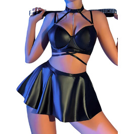 Костюм Adigau Dessous з екошкіри: бюстгальтер, трусики, мініспідниця. Чорний набір для клубів та вечірок з ланцюжком
