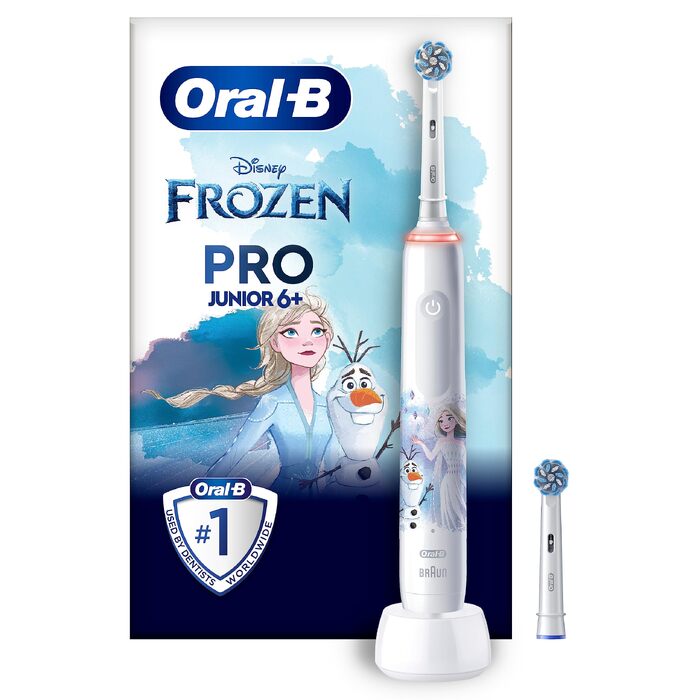 Дитяча електрична зубна щітка Oral-B Pro Junior Frozen, фіолетова — для дітей від 6 років, 3 режими чищення, м'яка насадка в комплекті