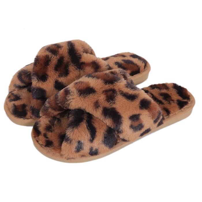 Жіночі зимові капці з плюшу Leopard — теплі домашні тапочки на плоскій підошві, протиковзкі, коричневий леопардовий принт (розмір 39/40 EU)