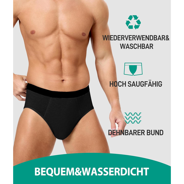 Труси для чоловіків BEENIUBEE від нетримання, 3 шт., бавовна, вбудований всмоктуючий шар 150 мл, багаторазові, витривалі, чорний, L
